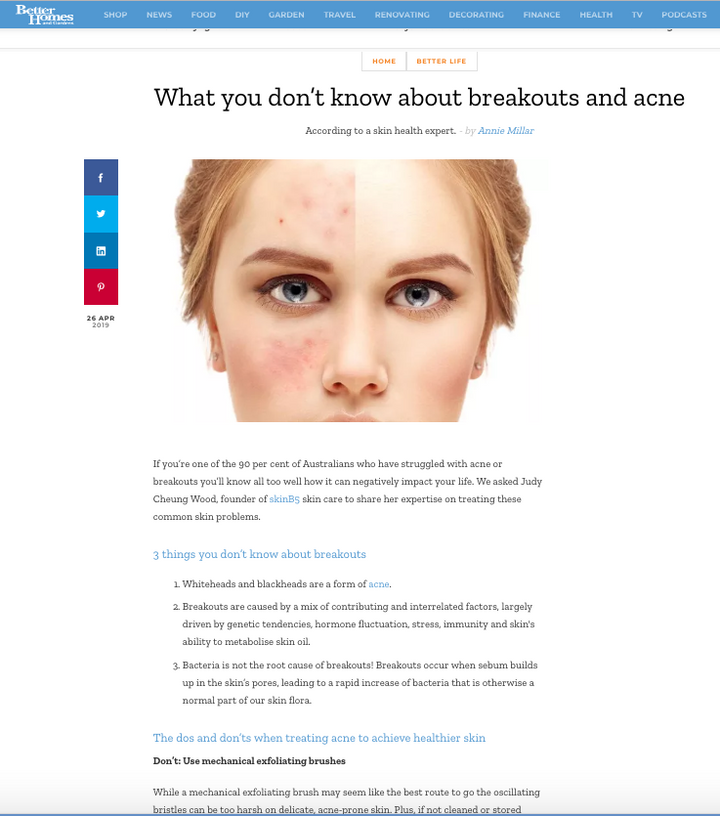 Better Homes and Gardens interview with SkinB5 about acne breakouts