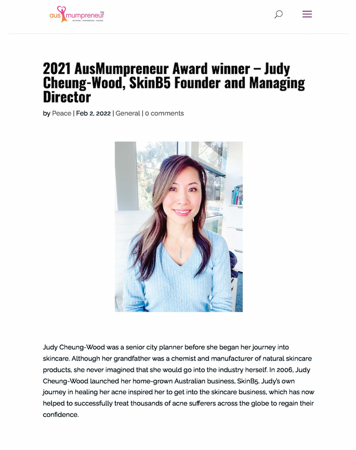 2021 AusMumpreneur Award Winner - Judy Cheung-Wood, SkinB5 Founder and Managing Director