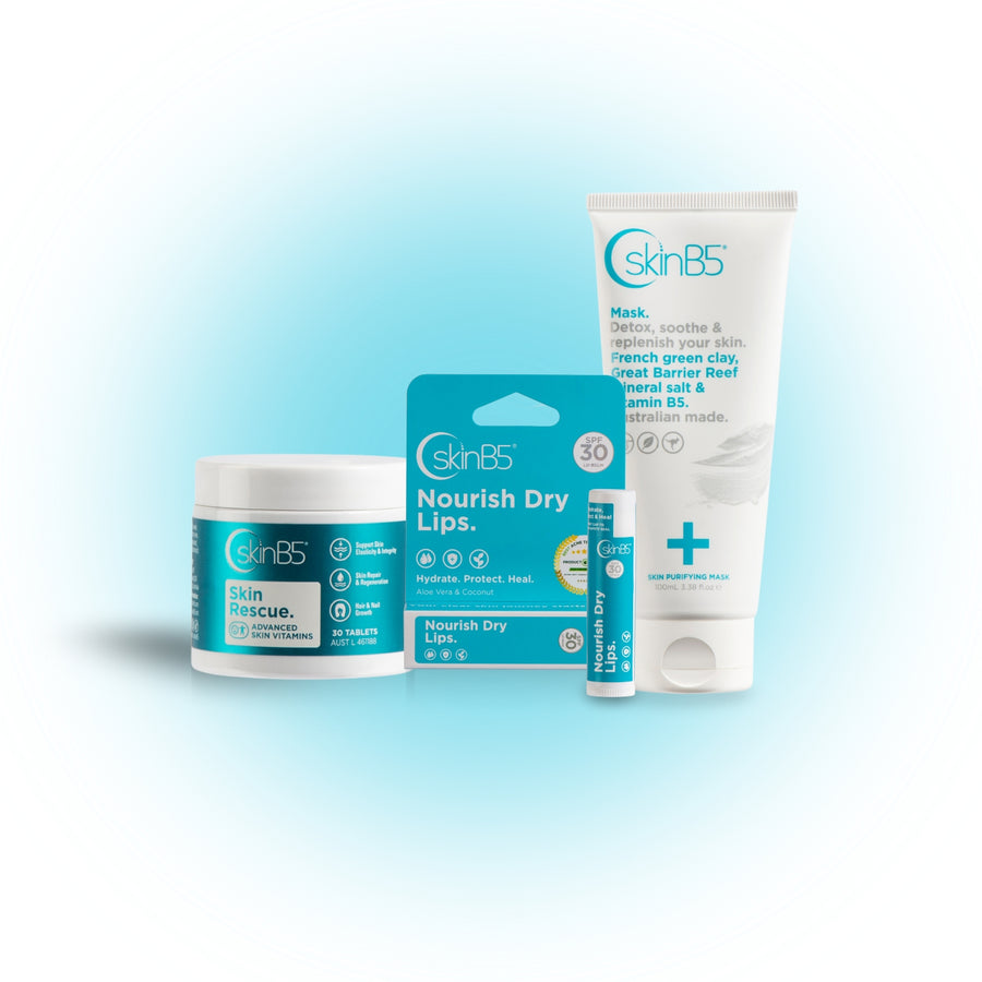 Skin wellness duo with SkinB5 Mask, nourish lipbalm  and vitamins 