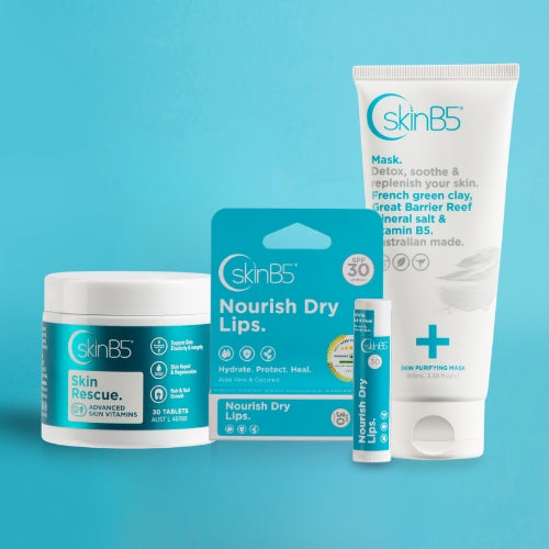 Skin wellness duo with SkinB5 Mask, nourish lipbalm  and vitamins 