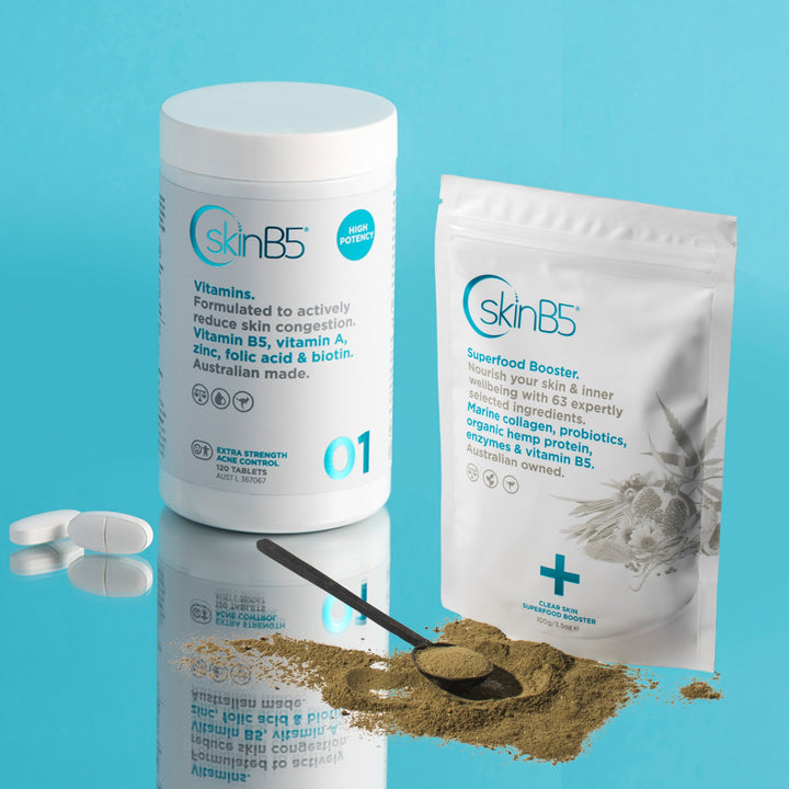 SkinB5 duo with collagen, acne vitamins, and prebiotics