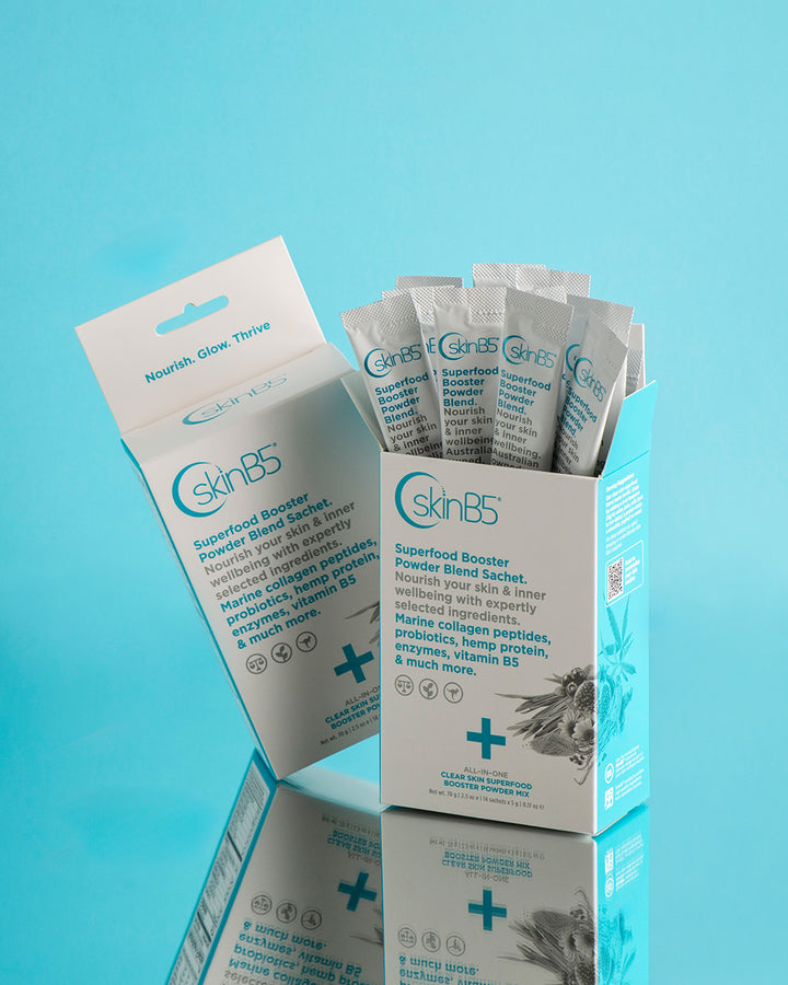 Superfood booster sachets with collagen, vitamins, and greens for clear skin