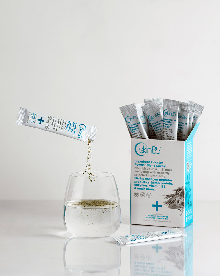 Superfood booster sachets with collagen, vitamins, and greens for clear skin